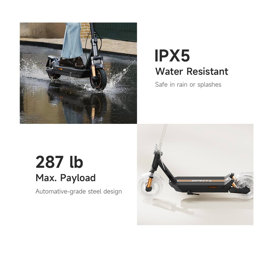 IPX5 Water Resistant  
Safe in rain or splashes  

287 lb Max. Payload  
Automotive-grade steel design