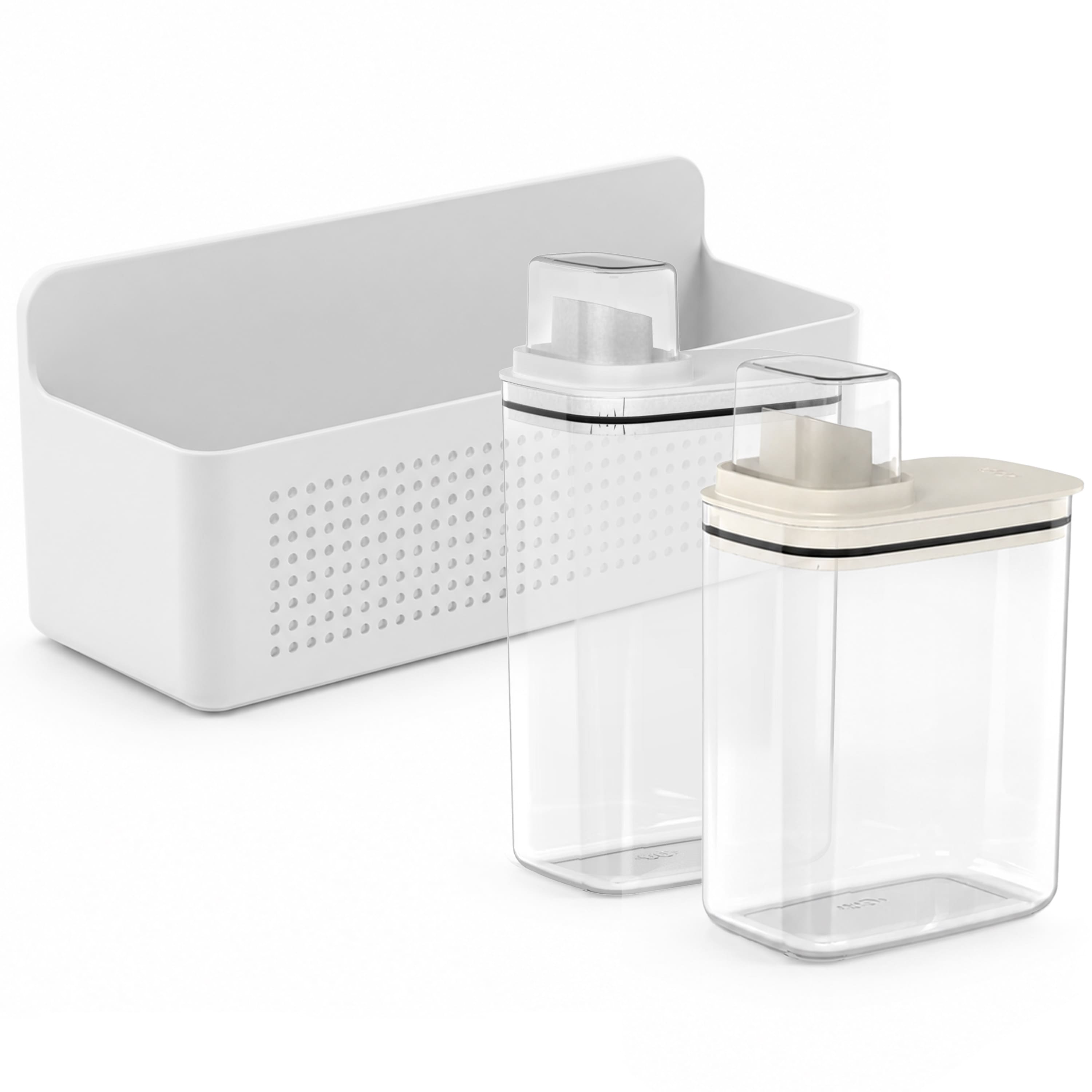 OU - Laundry Detergent Dispenser Set with Wall Rack, 50 oz & 77 oz Soap/Fabric Softener Dispensers with Measuring Cap - White