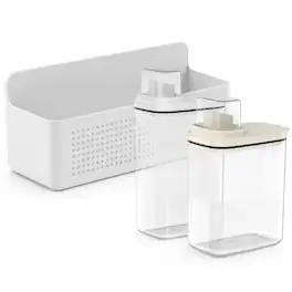 OU - Laundry Detergent Dispenser Set with Wall Rack, 50 oz & 77 oz Soap/Fabric Softener Dispensers with Measuring Cap - White