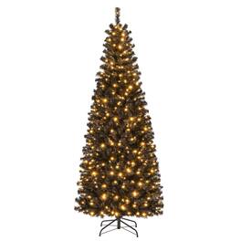 Gymax - 7 FT Pre-Lit Artificial Christmas Halloween Tree Slim Pencil Hinged Xmas Full Tree - Black