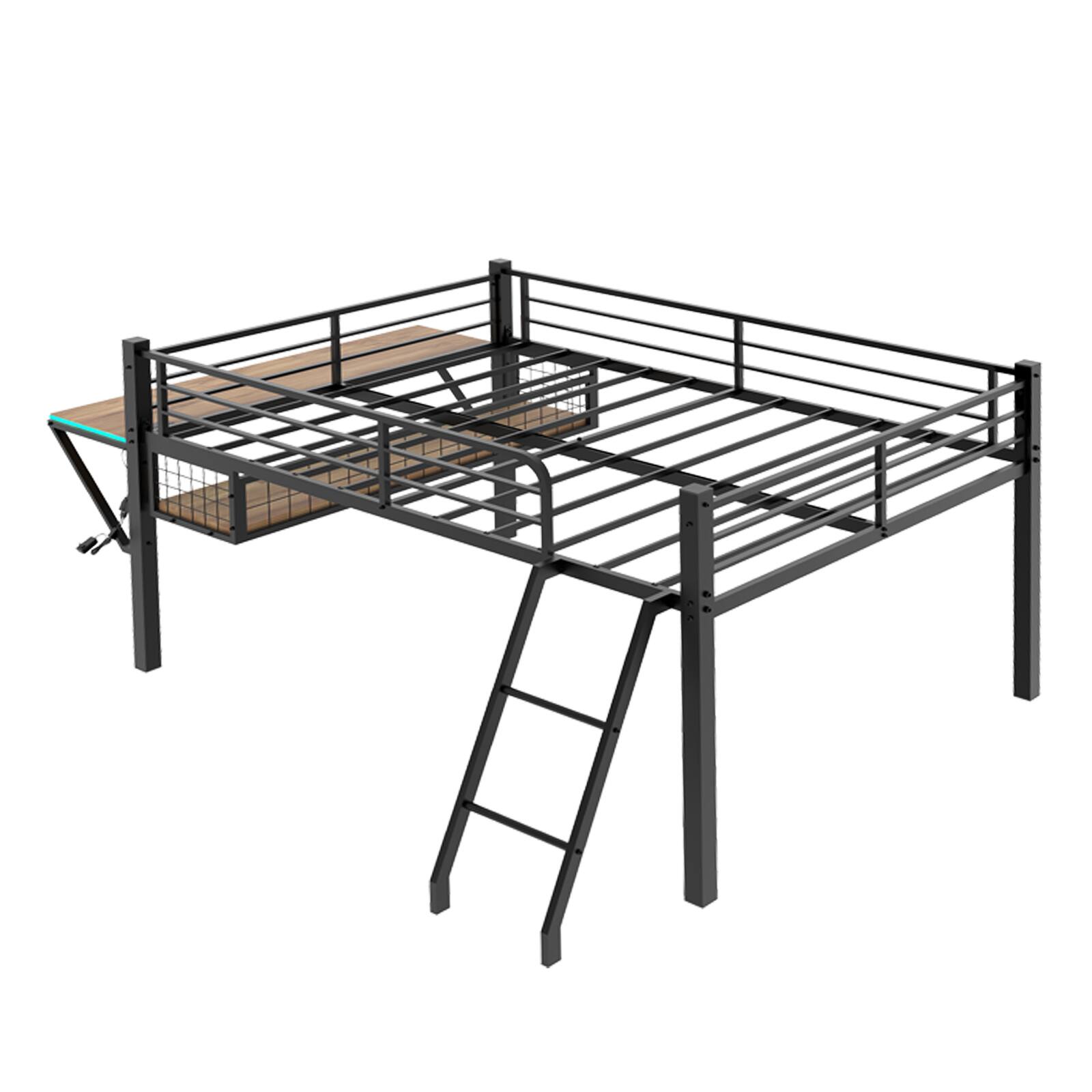 Alt View 9. Loheer - Loheer Full Size Metal Loft Bed with Built-in Desk and LED Lights Black Loft Bed Frame for Teens No Box Spring - Black.