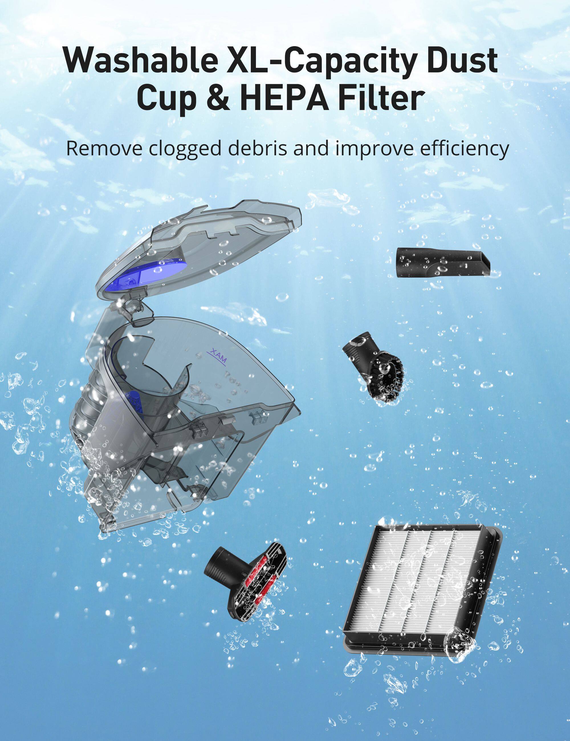 Washable XL-Capacity Dust Cup & HEPA Filter  
Remove clogged debris and improve efficiency