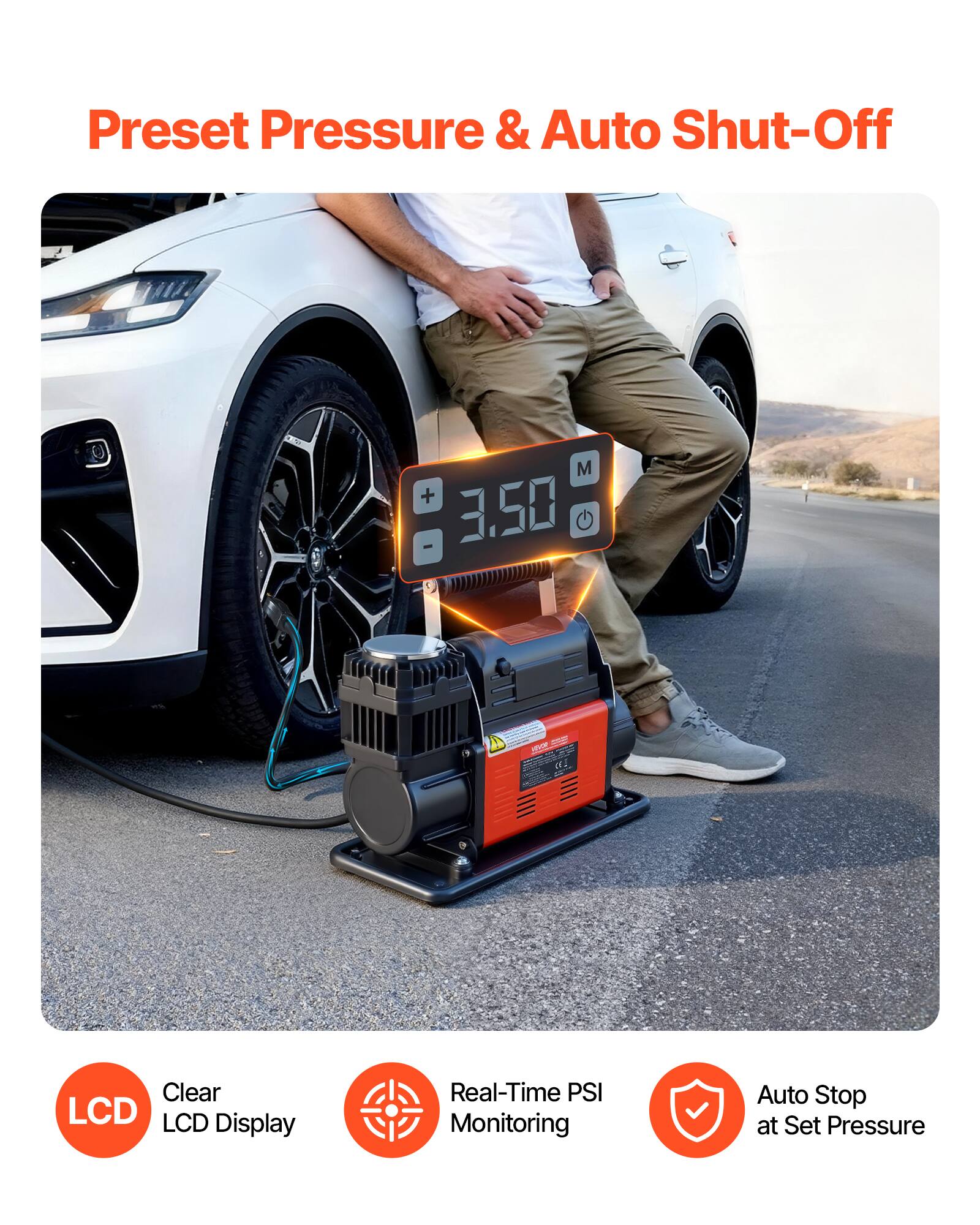 Preset Pressure & Auto Shut-Off

Clear LCD Display
Real-Time PSI Monitoring
Auto Stop at Set Pressure