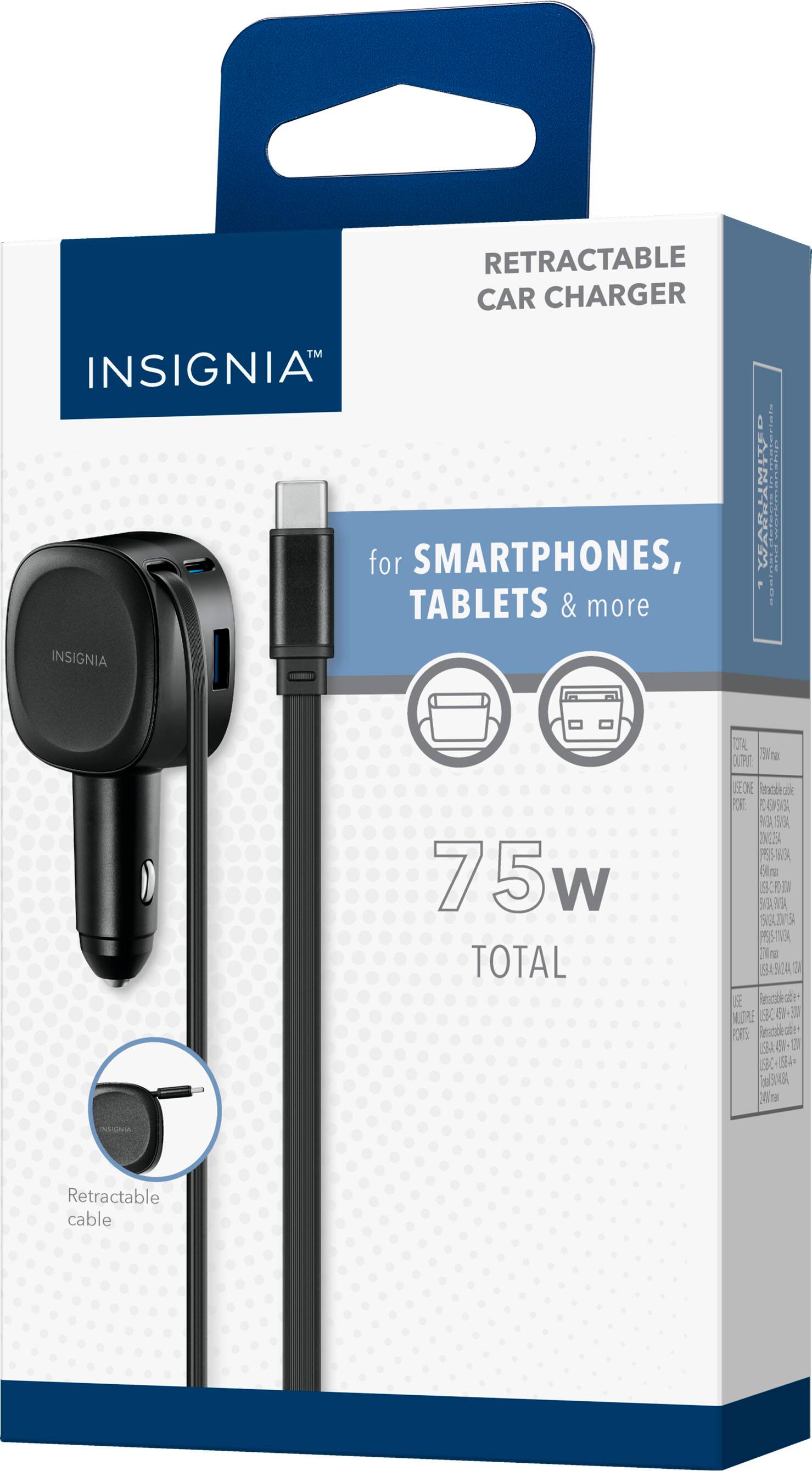 RETRACTABLE CAR CHARGER  
INSIGNIA™  

for SMARTPHONES, TABLETS & more  

75w TOTAL  

Retractable cable