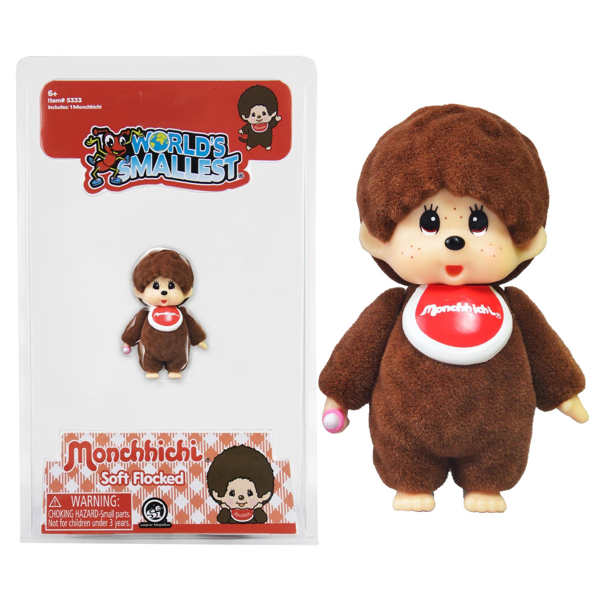 6+  
Item #5333  
Includes: 1 Monchhichi  

WORLD'S SMALLEST  

Monchhichi  
Soft Flocked  

WARNING:  
CHOKING HAZARD - Small parts  
Not for children under 3 years