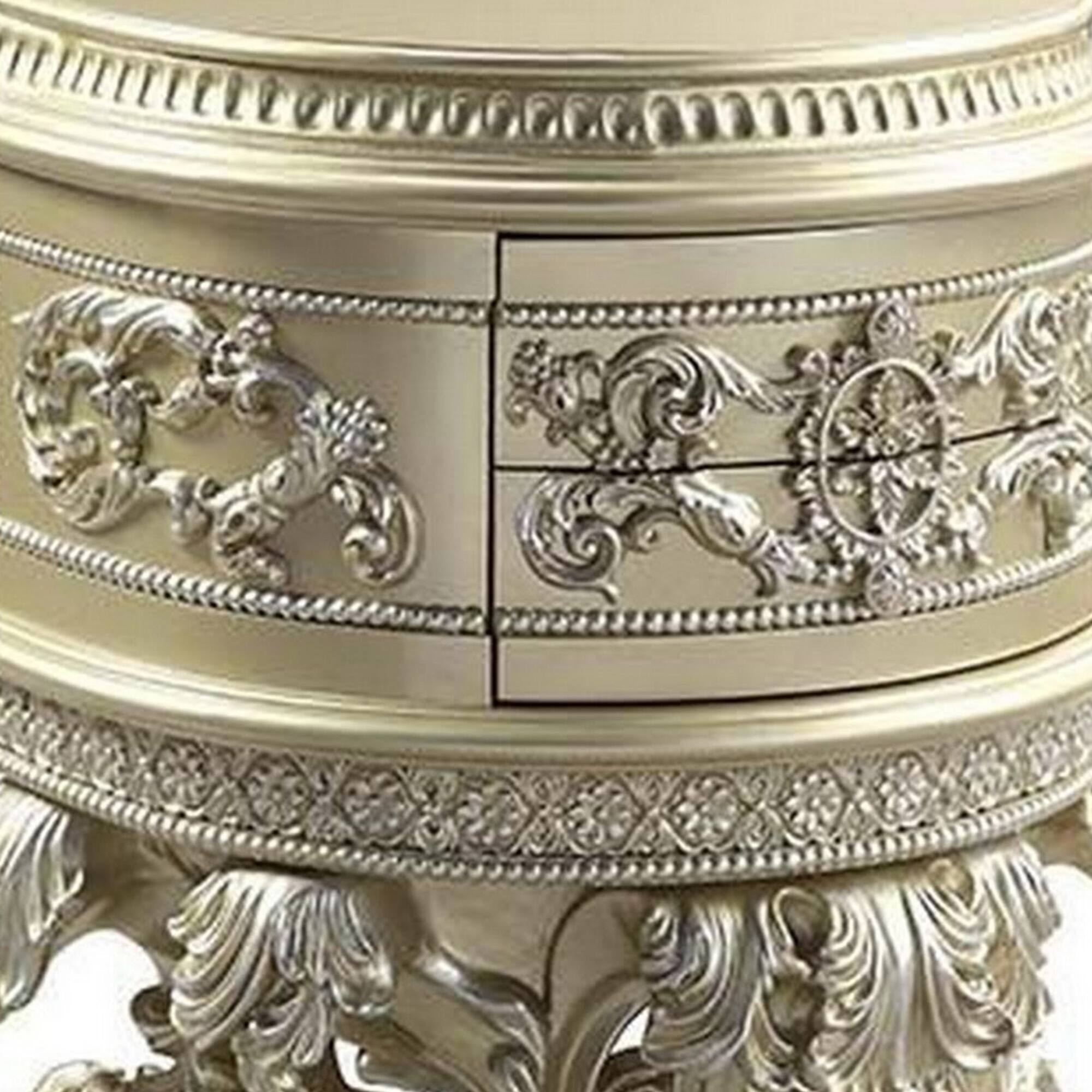 Alt View 3. Manhattan Lane - Nightstand with Scrolled Carvings and Half Moon Shape - Silver.
