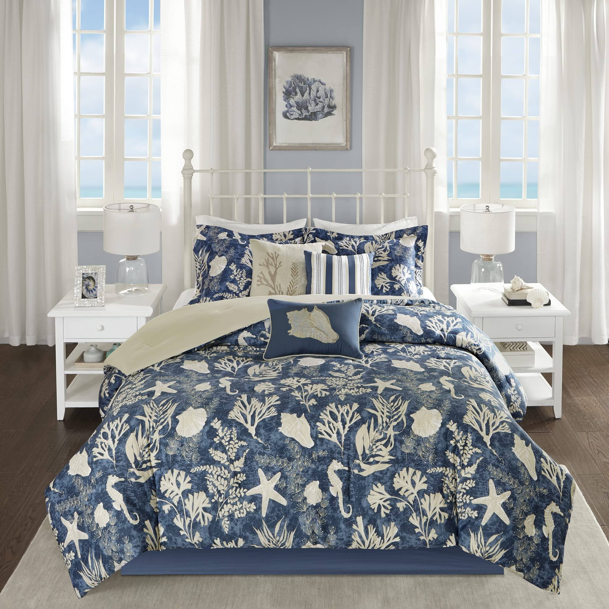 PO3TICJUNKI3 - Cotton Comforter Set Starfish Design All Season Down Alternative Cozy Bedding With Matching Shams - Cape Cod Navy 7pcs-Queen