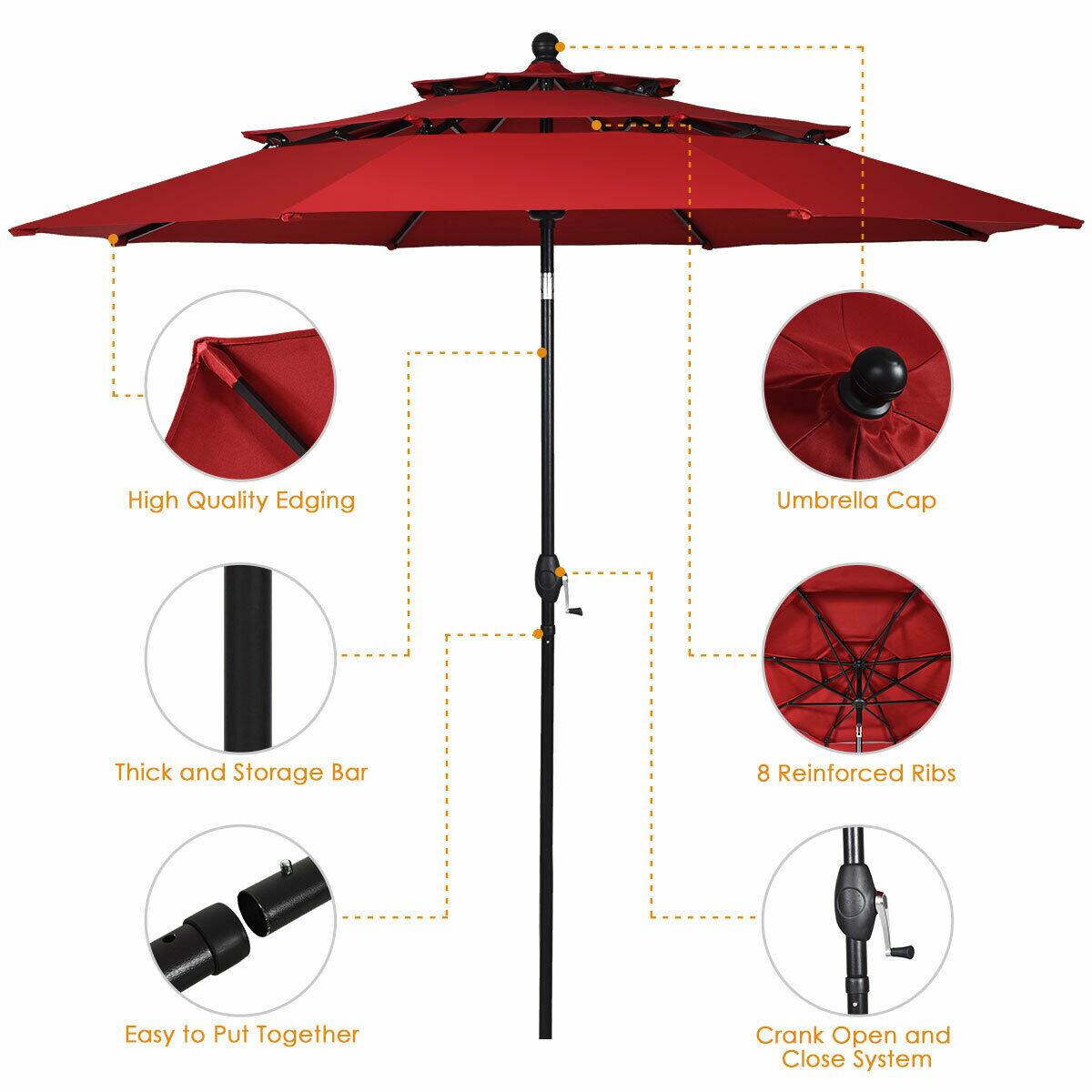 High Quality Edging  
Umbrella Cap  
Thick and Storage Bar  
8 Reinforced Ribs  
Easy to Put Together  
Crank Open and Close System