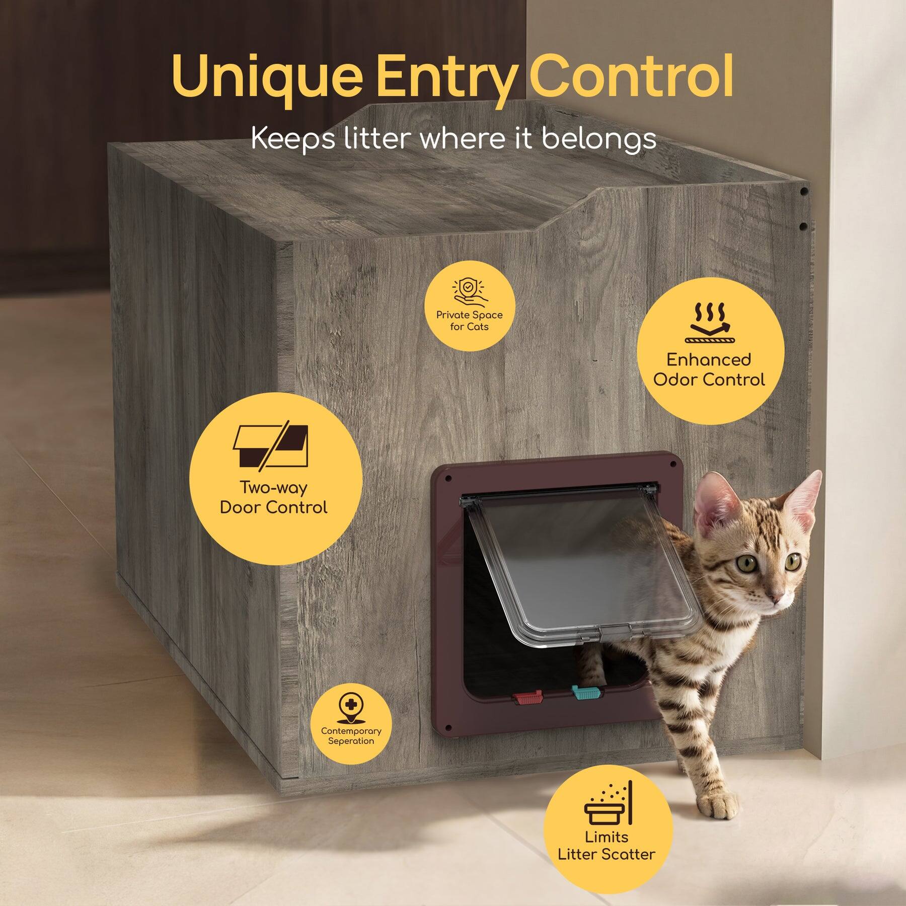 Unique Entry Control  
Keeps litter where it belongs  

- Private Space for Cats  
- Enhanced Odor Control  
- Two-way Door Control  
- Contemporary Separation  
- Limits Litter Scatter