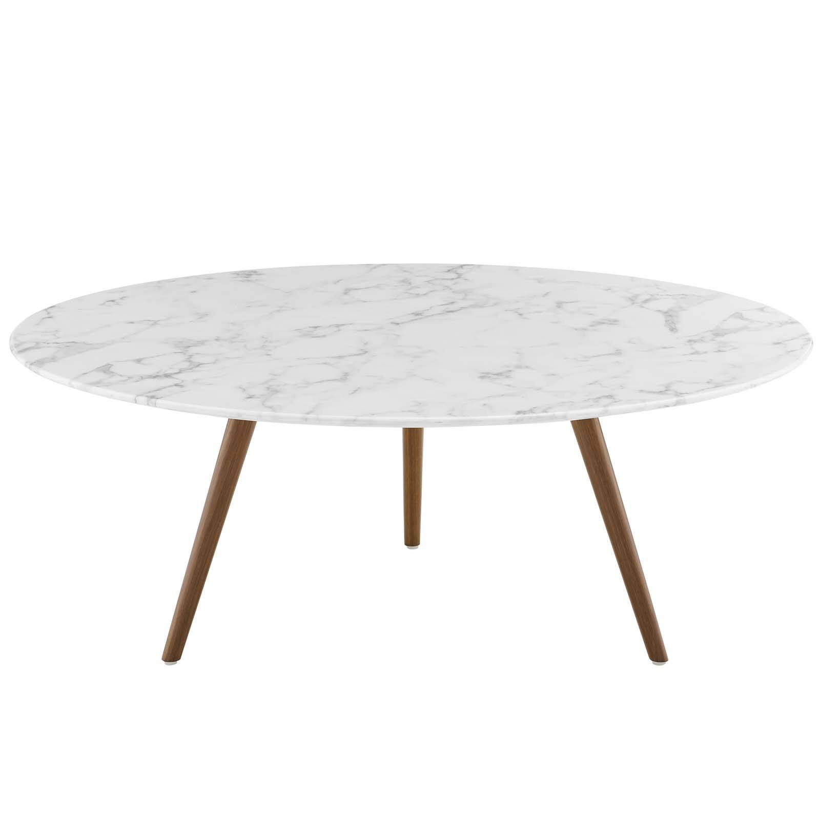 Angle. Modway - Lippa Round Artificial Marble Coffee Table with Tripod Base - Walnut White.