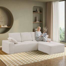 Kadyn - 103.5" Cloud Modular Sectional, Modern Corduroy Chaise Lounge with Deep Comfort Seating, Off White - White