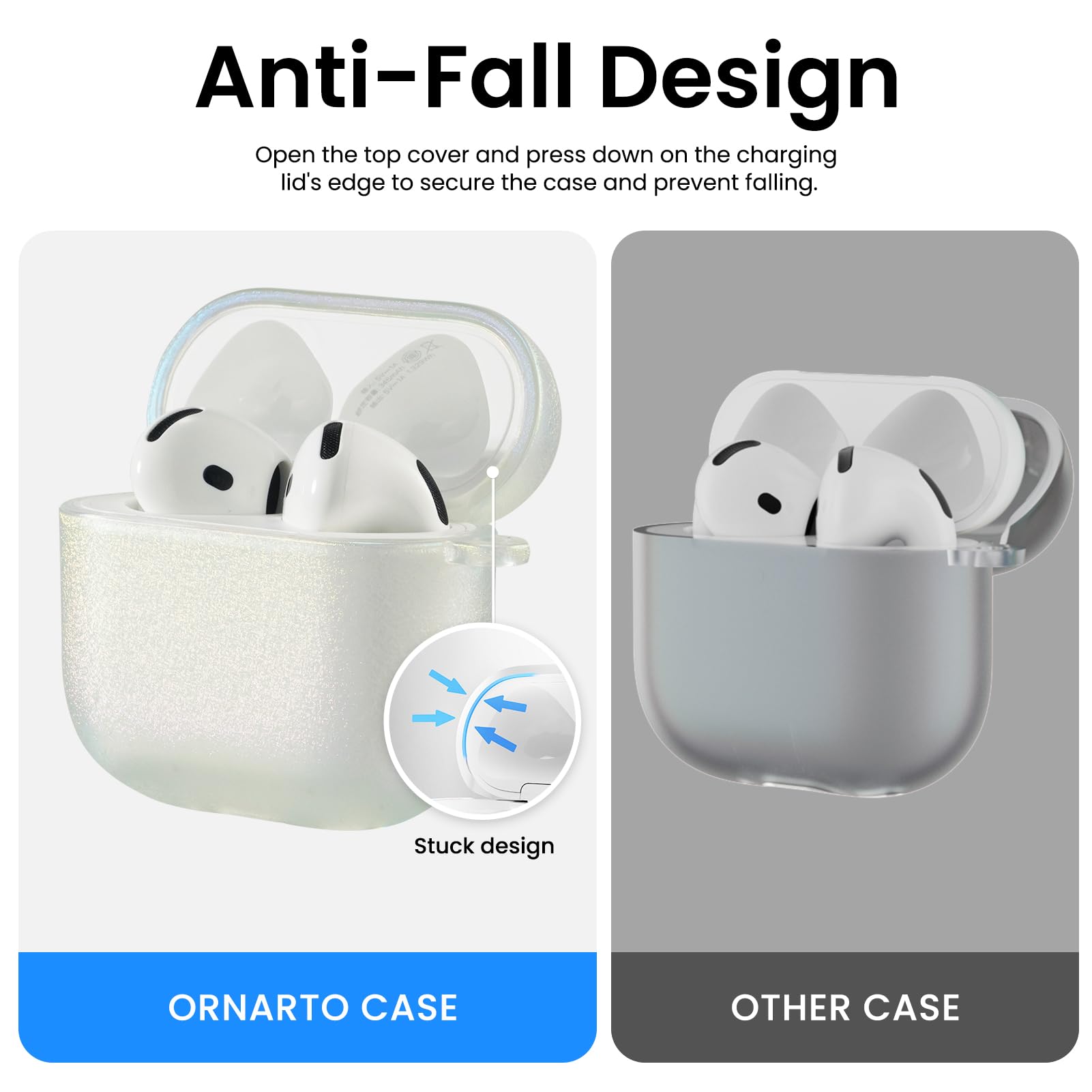 Anti-Fall Design
Open the top cover and press down on the charging lid's edge to secure the case and prevent falling.
Stuck design
ORNARTO CASE
OTHER CASE