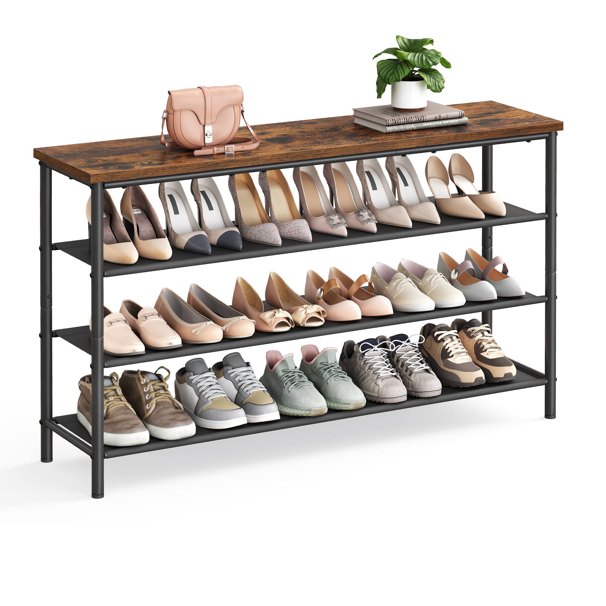 Front. Songmics Home - Shoe Rack, 4-Tier Shoe Storage Organizer for Entryway and Closet, Holds 15-18 Pairs of Shoes, 3 Fabric Shelves - Rustic Brown and Black.