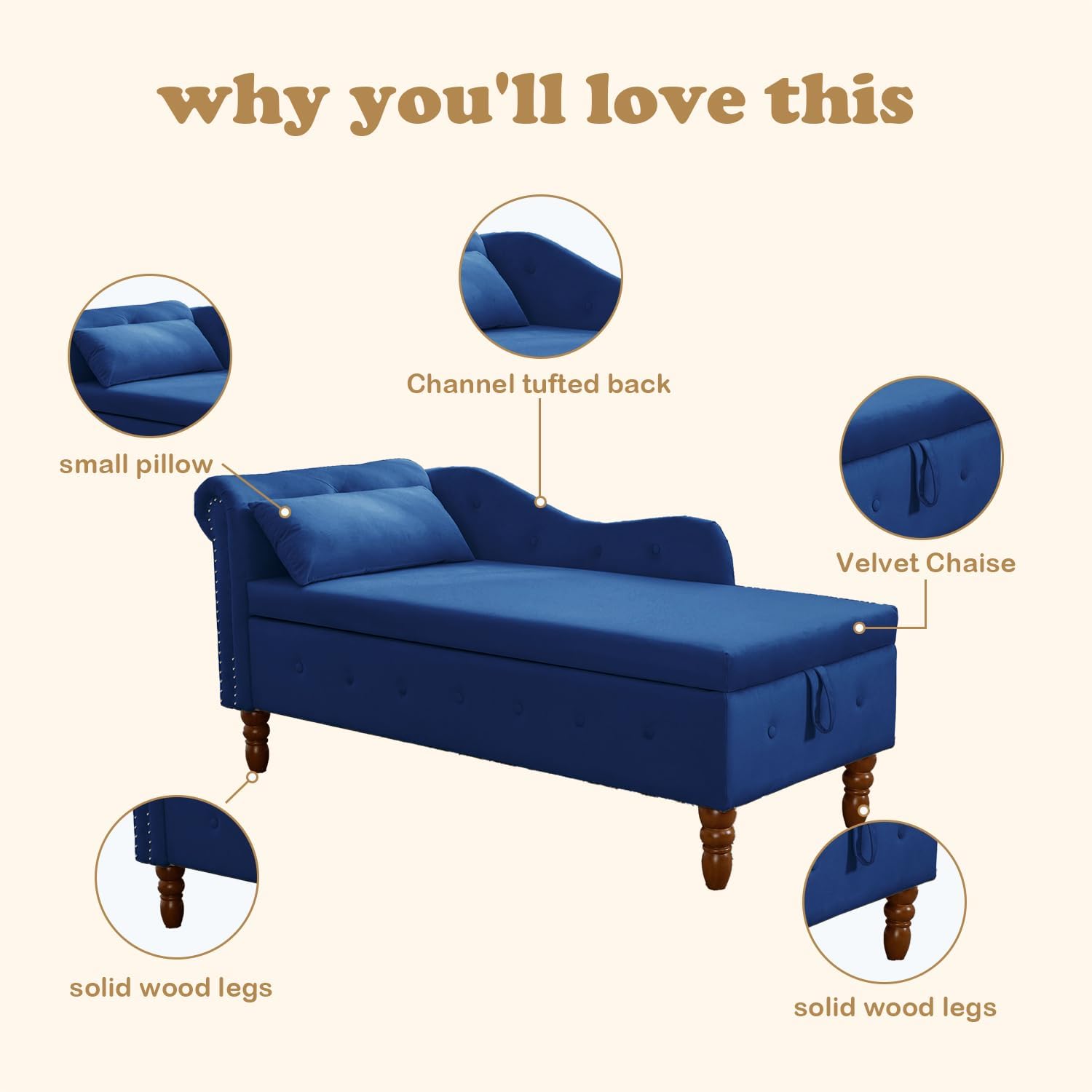 why you'll love this  
- Channel tufted back  
- small pillow  
- Velvet Chaise  
- solid wood legs  
- solid wood legs