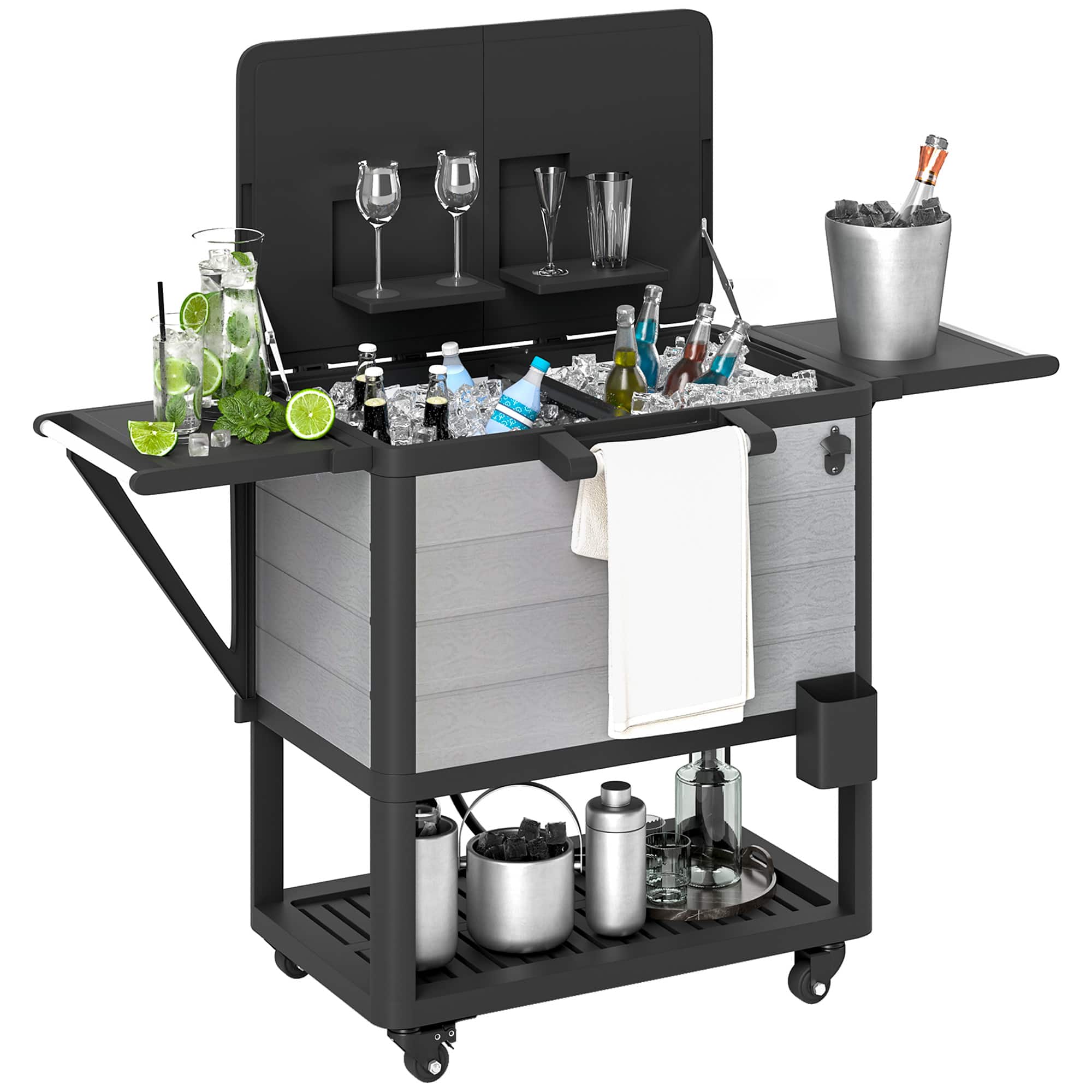 Outsunny - Patio Cooler with Wheels, 104 Quart Large Capacity Rolling Ice Chest with Bottle Opener and Shelves - Gray