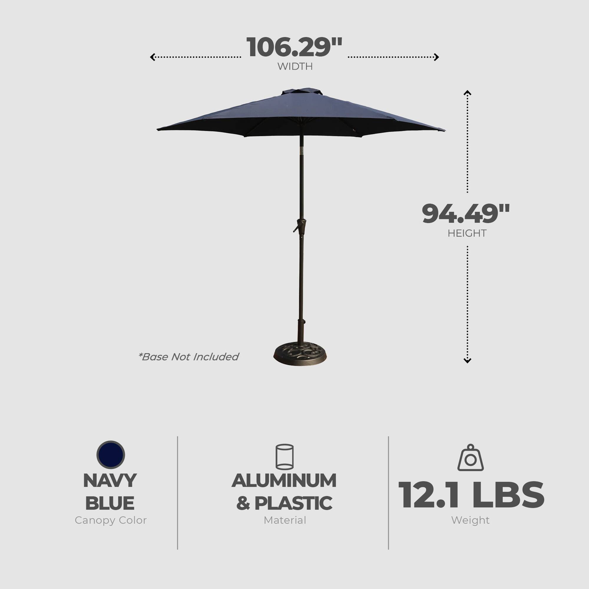 106.29" WIDTH  
94.49" HEIGHT  
*Base Not Included  
NAVY BLUE Canopy Color  
ALUMINUM & PLASTIC Material  
12.1 LBS Weight