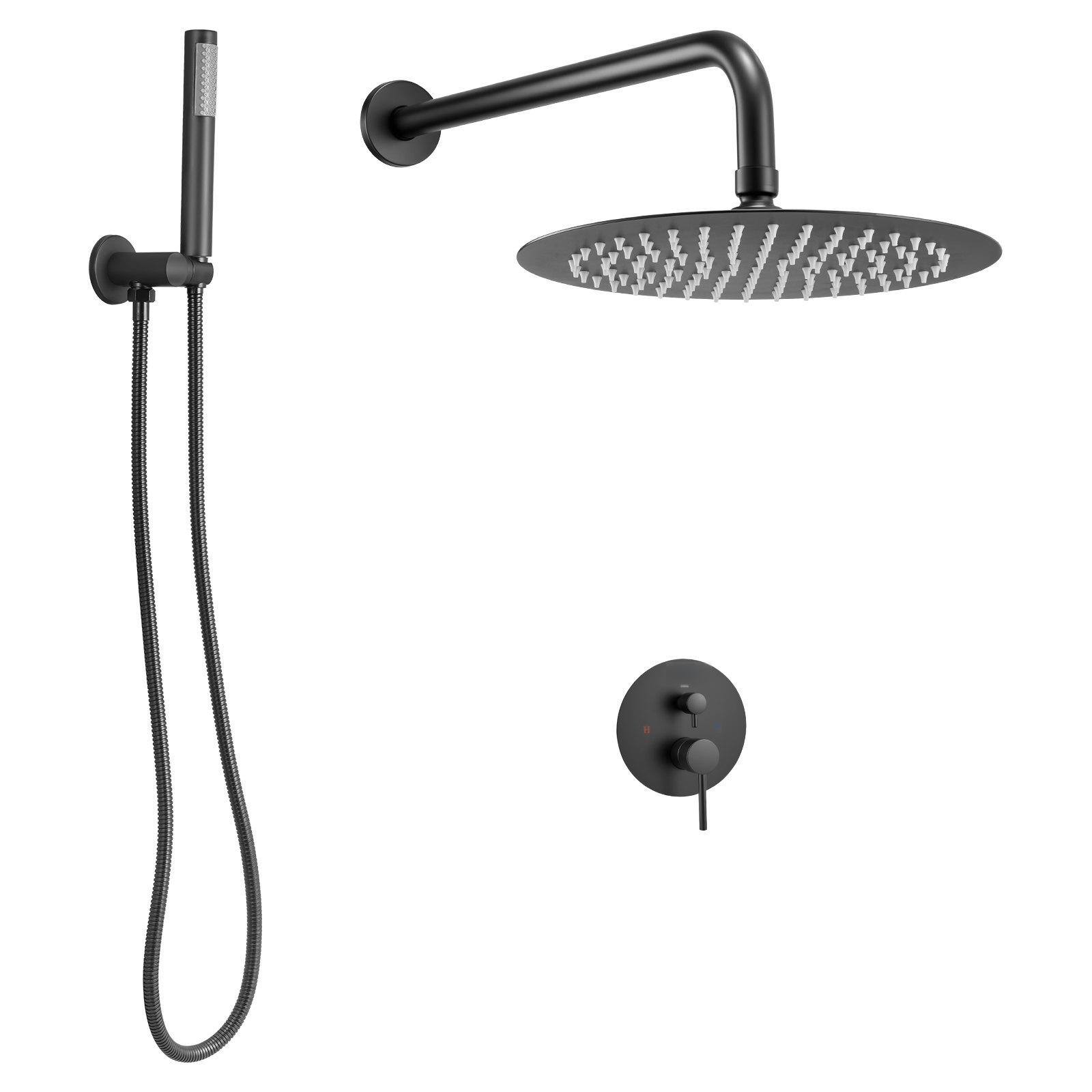 Alt View 8. Glintex - Shower Faucet Set, 10 in Round Rain Shower System with Handheld, Wall Mount, Brass Valve and Trim Kit - Matte Black.