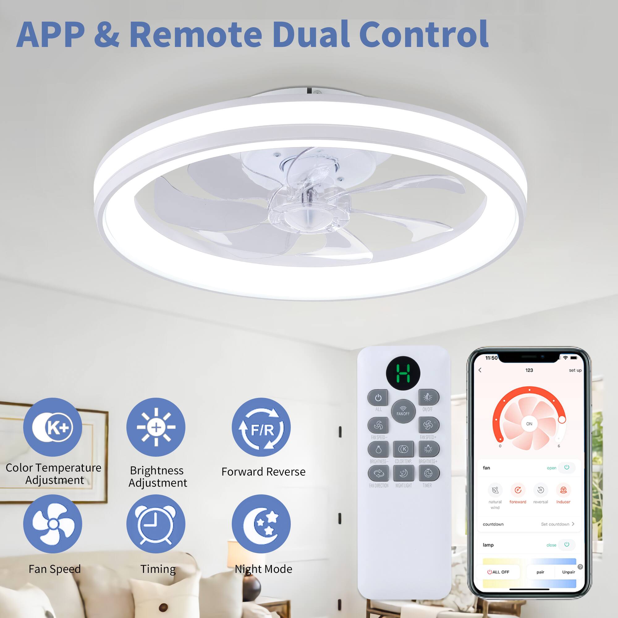 APP & Remote Dual Control

- Color Temperature Adjustment
- Brightness Adjustment
- Forward Reverse
- Fan Speed
- Timing
- Night Mode