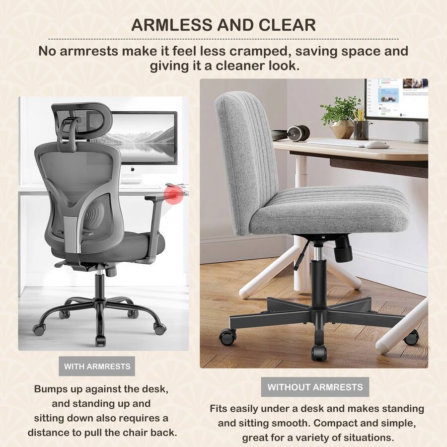 Distance Chair KERDOM Armless Office Chair with Wheels, Ergonomic Wide Seat Fabric ...