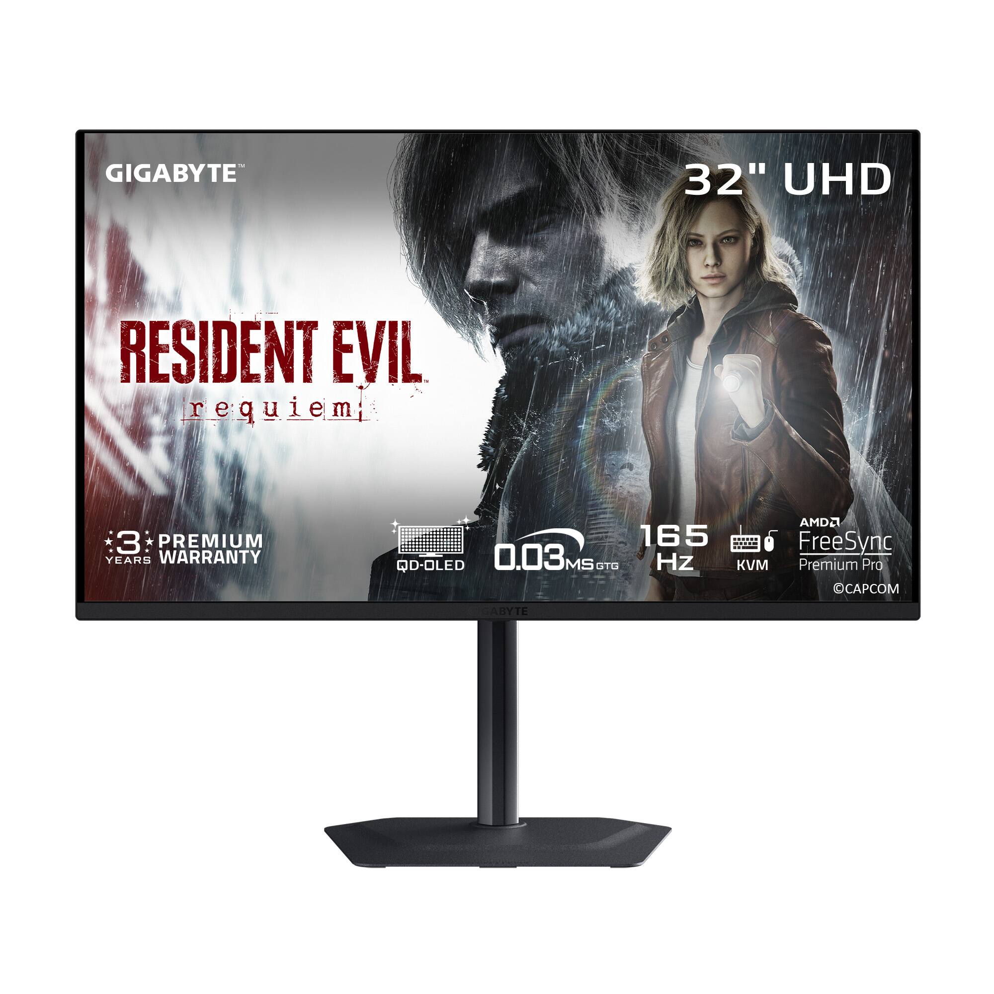 GIGABYTE 32" UHD RESIDENT EVIL requiem 3 PREMIUM YEARS WARRANTY AMD FreeSync QD-OLED 0.03 MS 165 Hz KVM Premium Pro CAPCOM