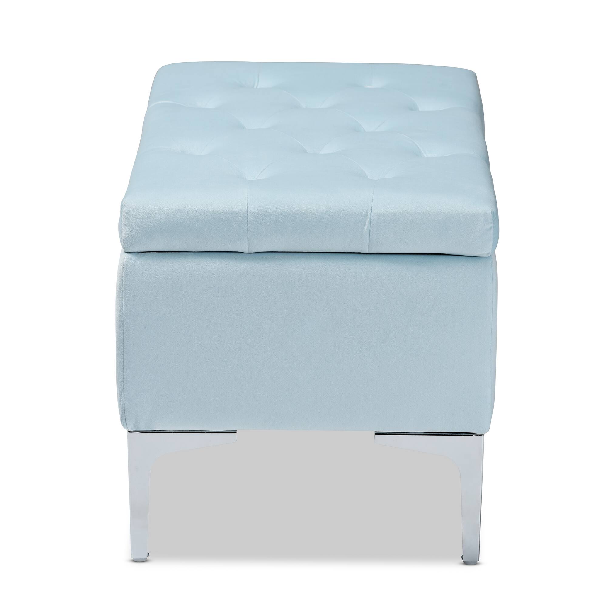 Back. Baxton Studio - Mabel Modern and Contemporary Transitional Velvet Fabric Upholstered Silver Finished Storage Ottoman - Light Blue/Silver.