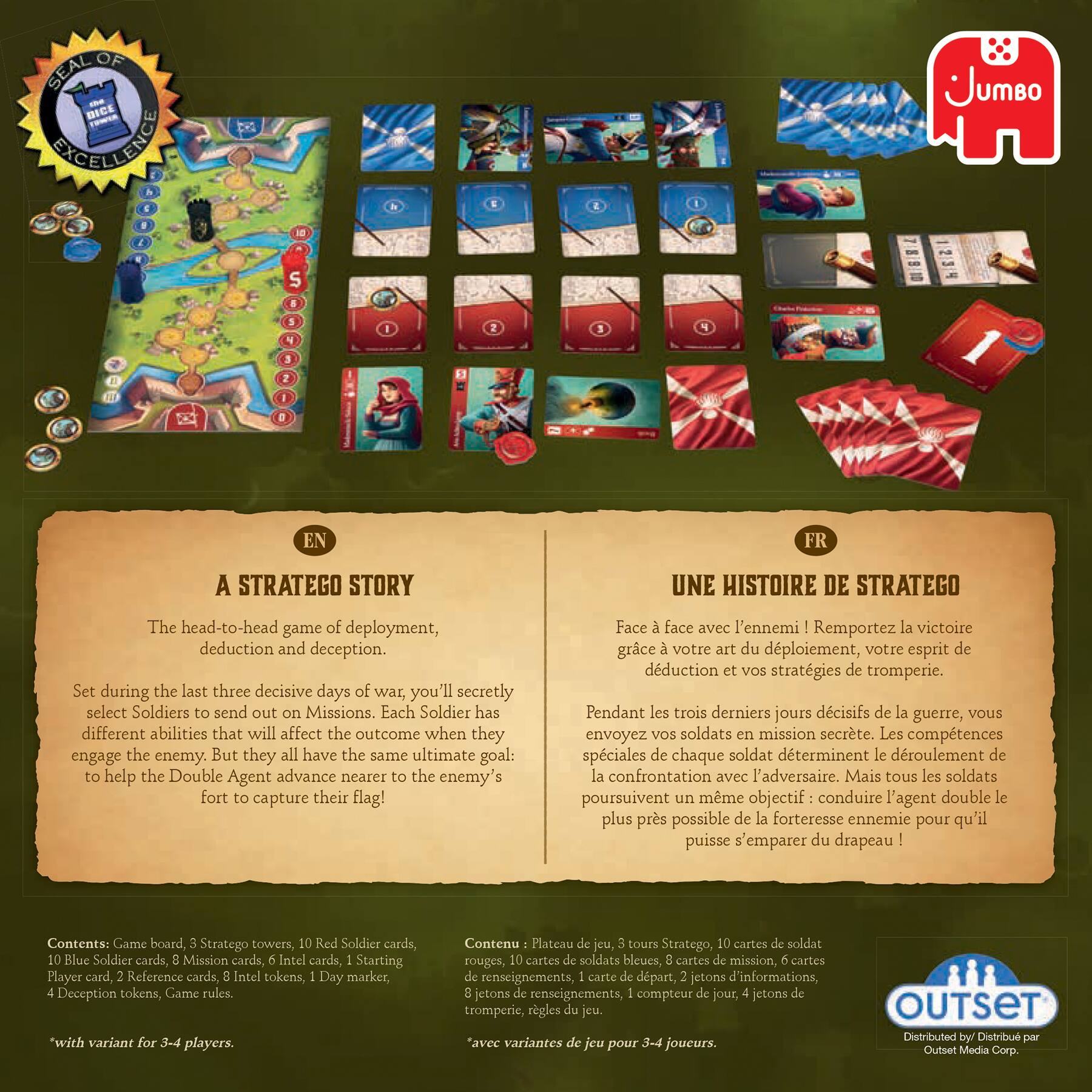 The image features a game called Stratego, which is a strategy game with a historical theme. The game is played on a board with towers and cards representing soldiers. The objective of the game is to capture the enemy's flag by deploying soldiers with different abilities and strategies. The game is played over three decisive days of war, and players must use deduction and deception to outsmart their opponents. The image also includes a card that explains the rules of the game, as well as a list of contents that come with the game.