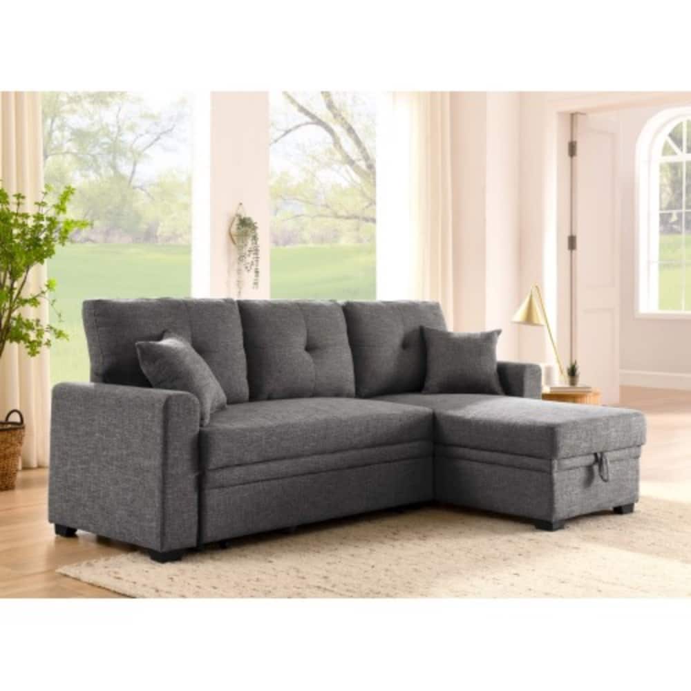 LUCKY ONE - 76.5" Wide Pull-Out Sofa Bed with Chaise Storage - Upholstered Sectional, Separable - Gray
