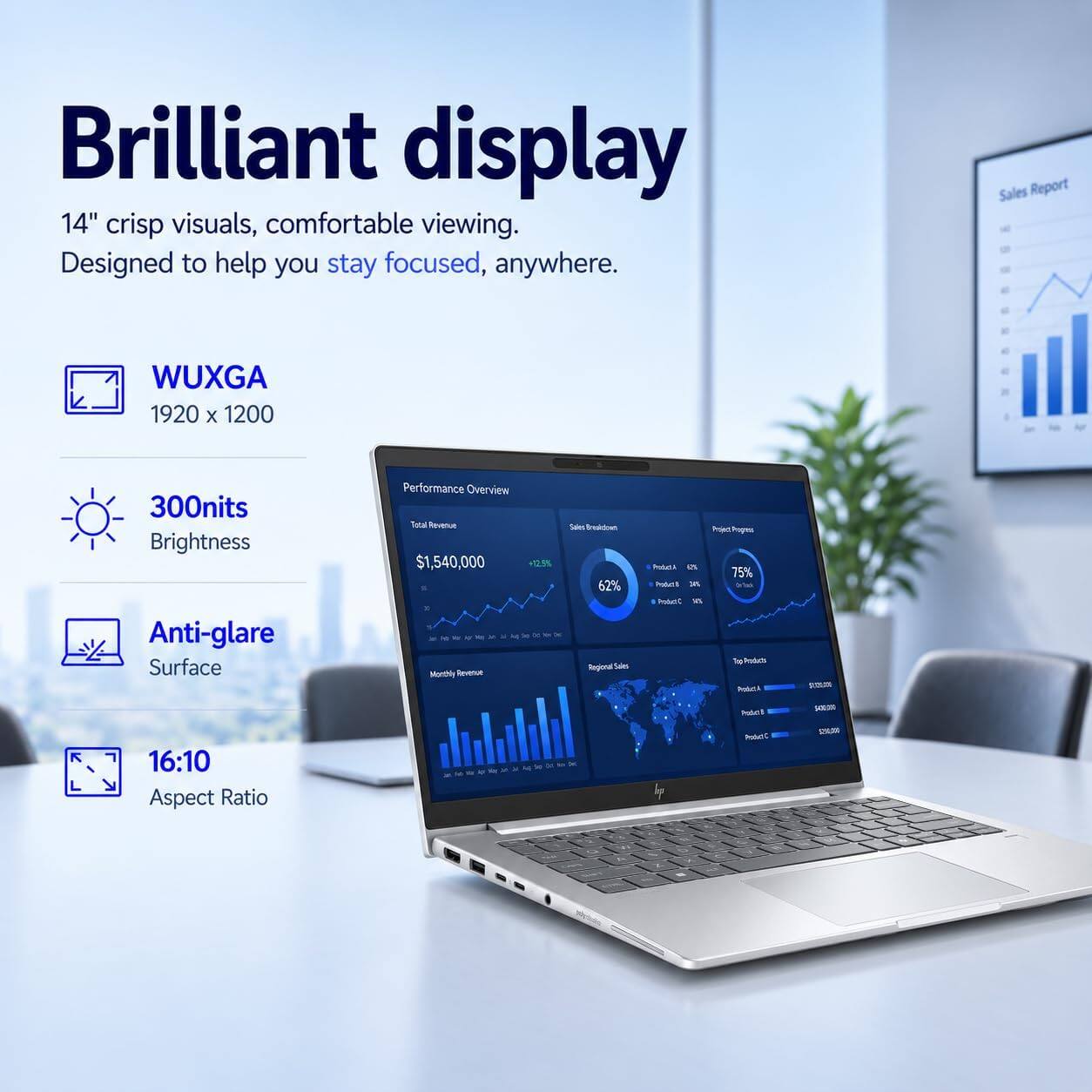 Brilliant display 14" crisp visuals, comfortable viewing. Designed to help you stay focused, anywhere.

Sales Report

WUXGA 1920 X 1200

300nits Brightness Anti-glare Surface

Performance Overview
Total Revenue $1,540,000 +12.5% Y
Monthly Revenue

Sales Breakdown
62% Regional Sales
Product A 12% Product B 30% Product C

Progress 75% Top Products

16:10 Aspect Ratio