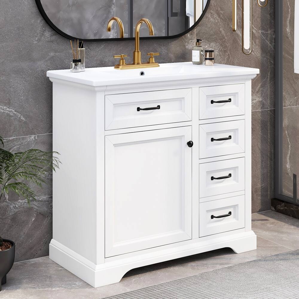 Angle. Loheer - Loheer 36 inch white bathroom vanity with sink Freestanding Cabinet with 4 Drawers - White.