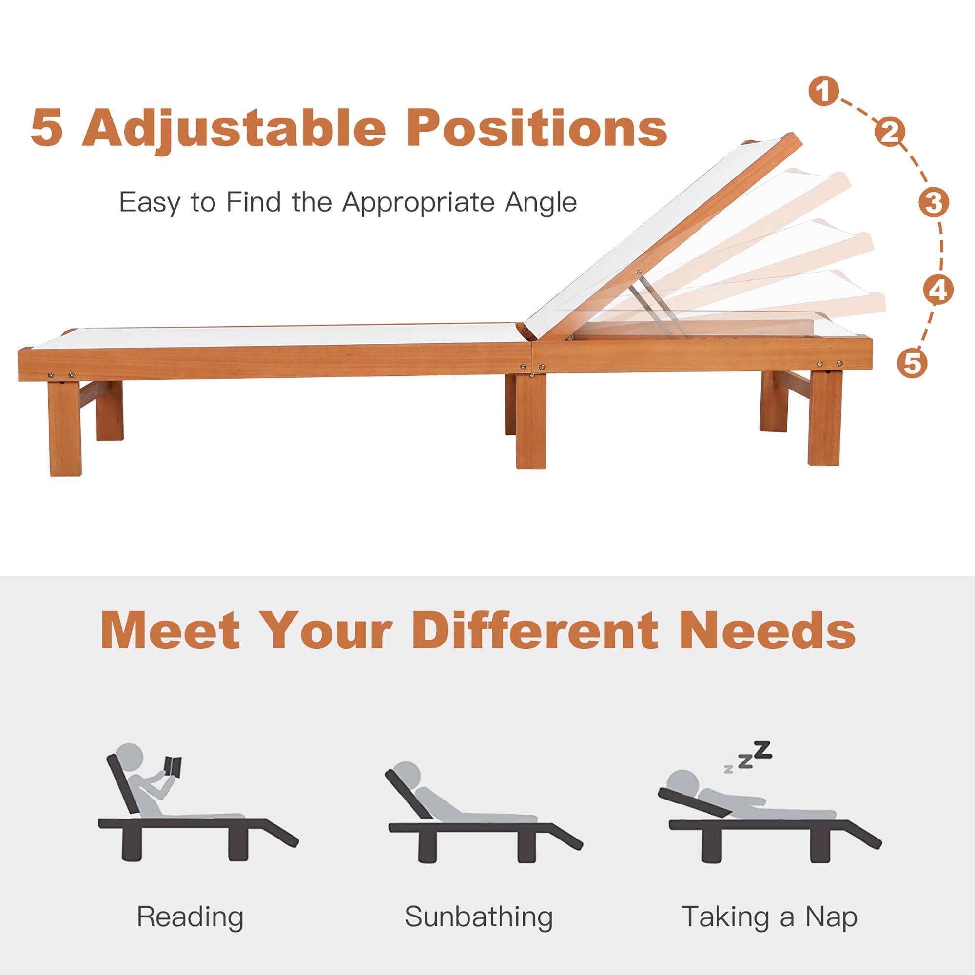 5 Adjustable Positions Easy to Find the Appropriate Angle 1 2 3 4 5 Meet Your Different Needs Reading Sunbathing Taking a Nap