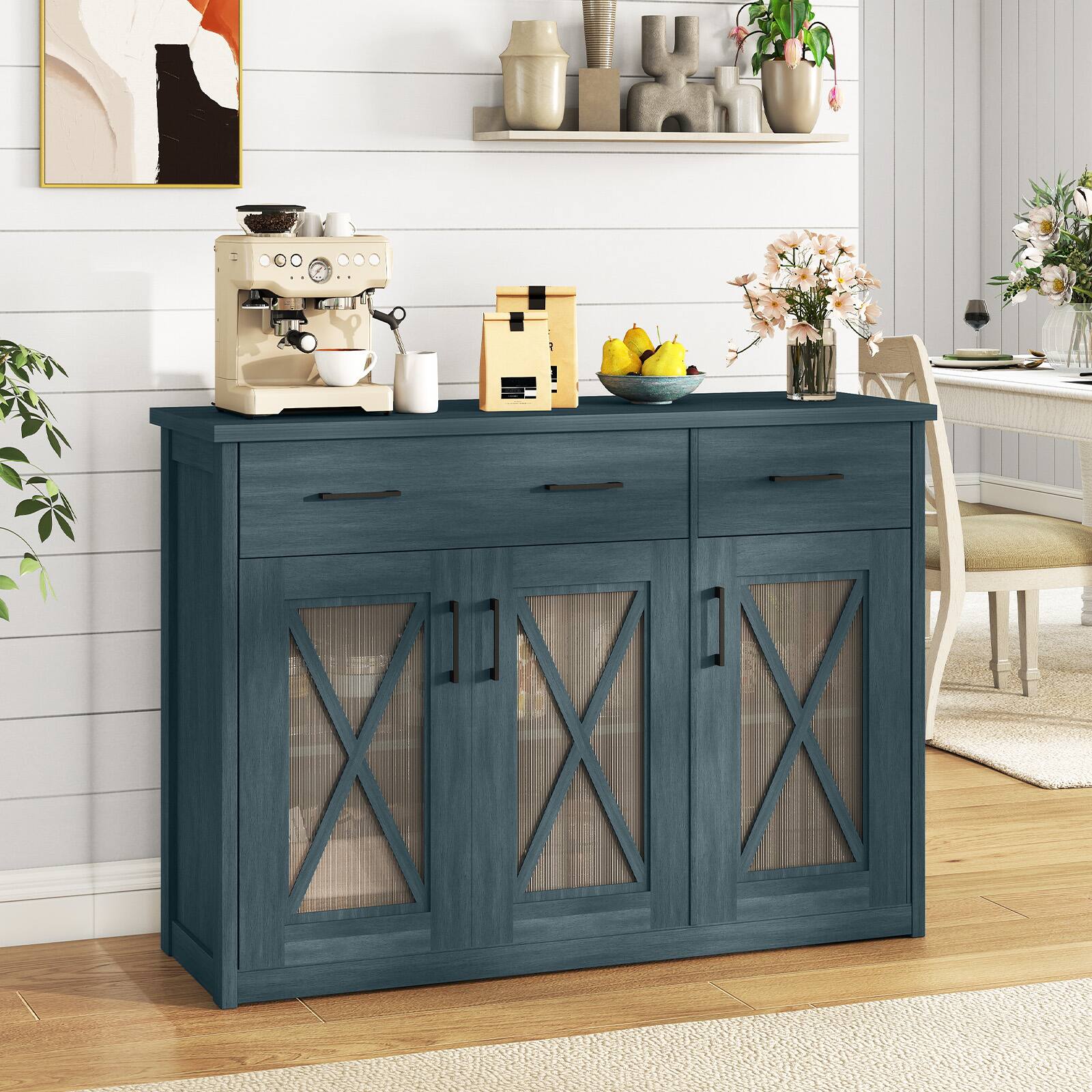Alt View 1. Costway - Costway Farmhouse Buffet Sideboard with 2 Drawers Fluted Barn Doors for Kitchen Dining Room - Turquoise.