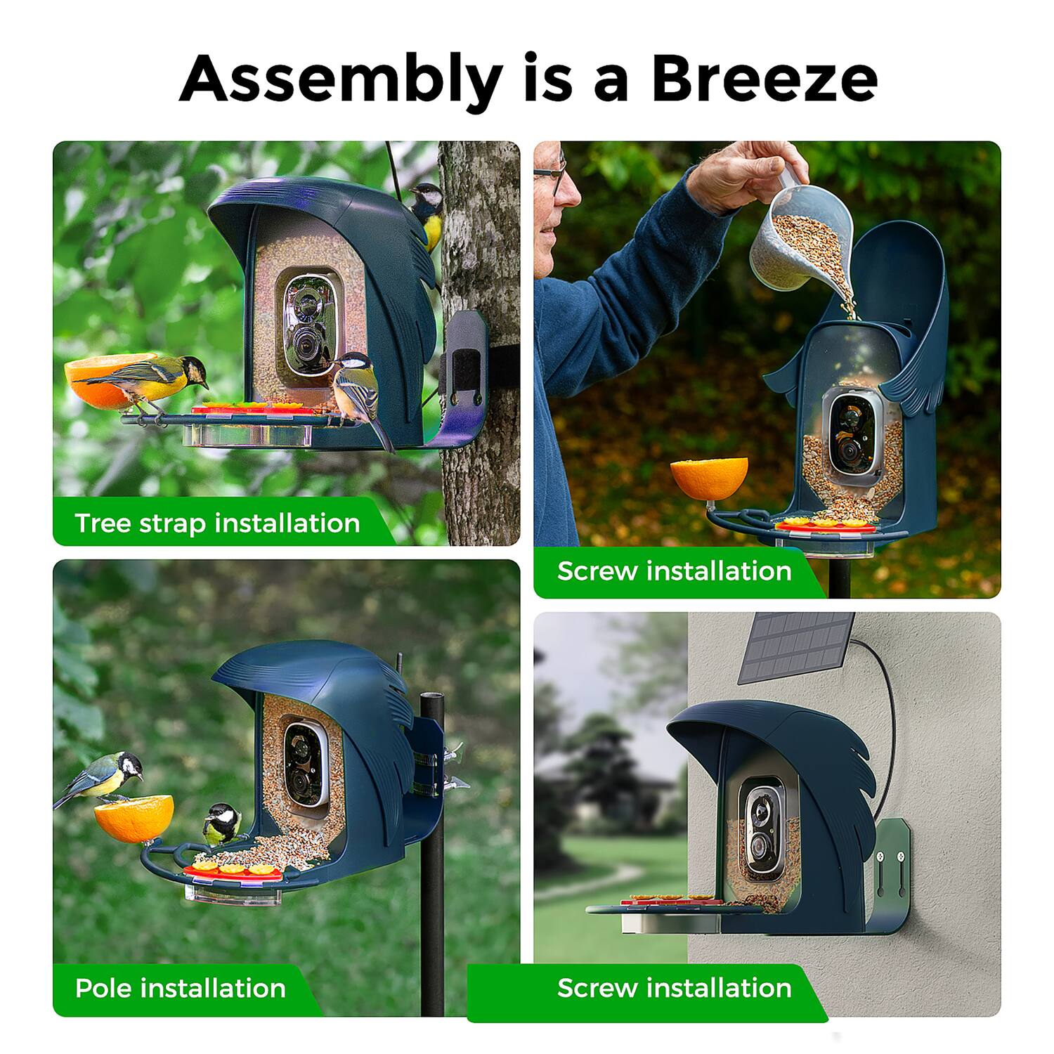 Assembly is a Breeze

- Tree strap installation
- Screw installation
- Pole installation
- Screw installation