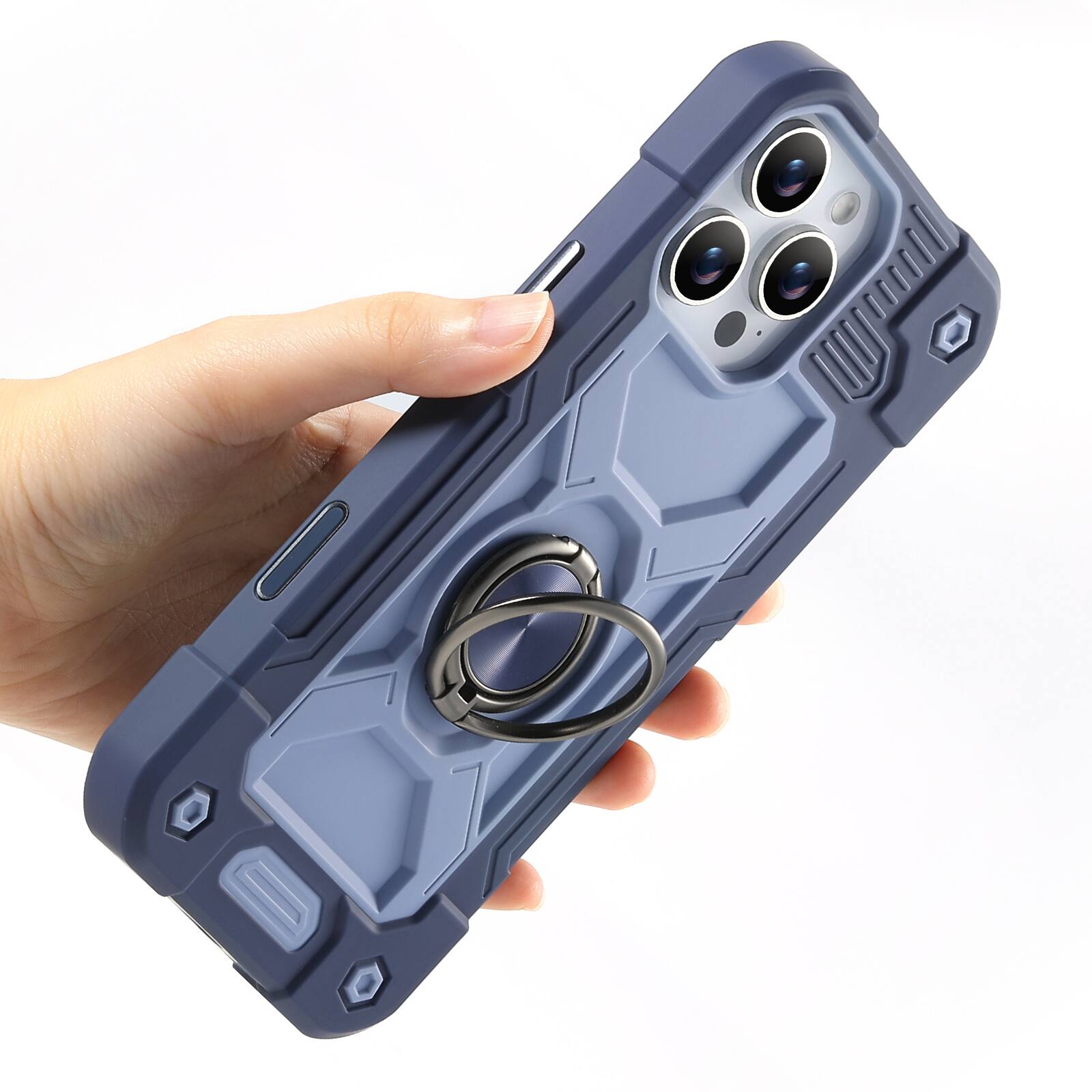 Angle. UUCOVER - Rugged Protective Case for Apple iPhone 15 Pro Max ,Shockproof Silicone+PC Case with 360° Rotating Ring Kickstand Cover - Blue.