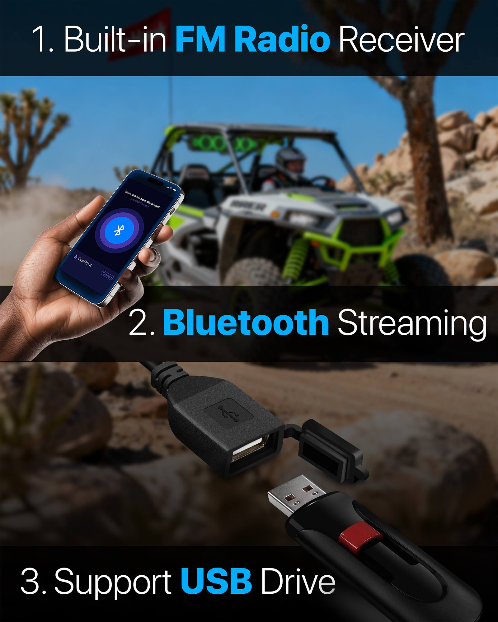 1. Built-in FM Radio Receiver
2. Bluetooth Streaming
3. Support USB Drive
