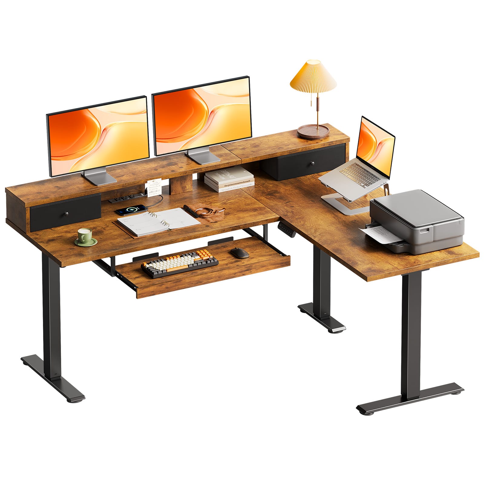 AODK - 59" L-Shaped Electric Height-Adjustable Standing Desk with Drawers, Power Outlets, Keyboard Tray and Monitor Stand - Brown