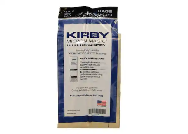 GENUINE KIRBY PARIS BAGS
197394
KIRBY
MICRON MAGIC®
FILTRATION
featuring Kirby's exclusive MICRO PARTICLE ARREST Technology
VERY IMPORTANT
Cleaning Performance declines when contents exceed this line.
To maintain optimum performance, replace bag before contents exceed this line.
For those who appreciate Quality, Reliability and Performance
FOR MODELS G4 AND G5
Cleveland, Ohio 44192
www.kirby.com
BAGS
197394