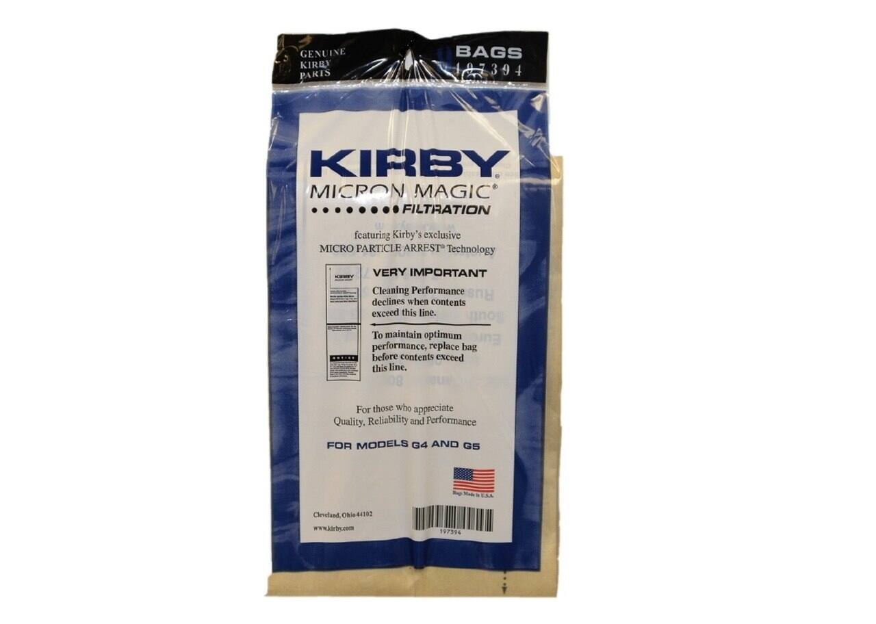 GENUINE KIRBY PARIS BAGS  
197394  

KIRBY  
MICRON MAGIC®  
FILTRATION  
featuring Kirby's exclusive MICRO PARTICLE ARREST Technology  

VERY IMPORTANT  
Cleaning Performance declines when contents exceed this line.  
To maintain optimum performance, replace bag before contents exceed this line.  

For those who appreciate Quality, Reliability and Performance  

FOR MODELS G4 AND G5  

Cleveland, Ohio 44192  
www.kirby.com  

BAGS  
197394