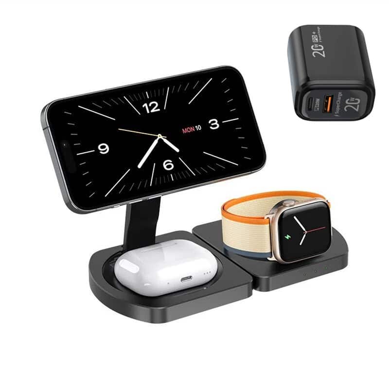 RISOKEYS - 3-in-1 Wireless Charger for Apple iPhone with Charging Port - Portable Foldable Charger for iWatch  iPhone and Earphones - Black