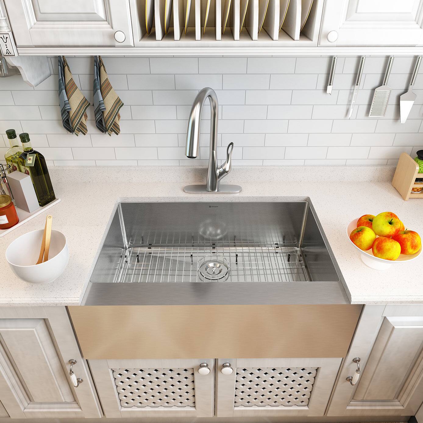 Alt View 2. Boyel Living - 33 in. Farmhouse Apron-Front Single Bowl 18-Gauge Stainless Steel Kitchen Sink with Bottom Grid and Strainer Basket - Silver.