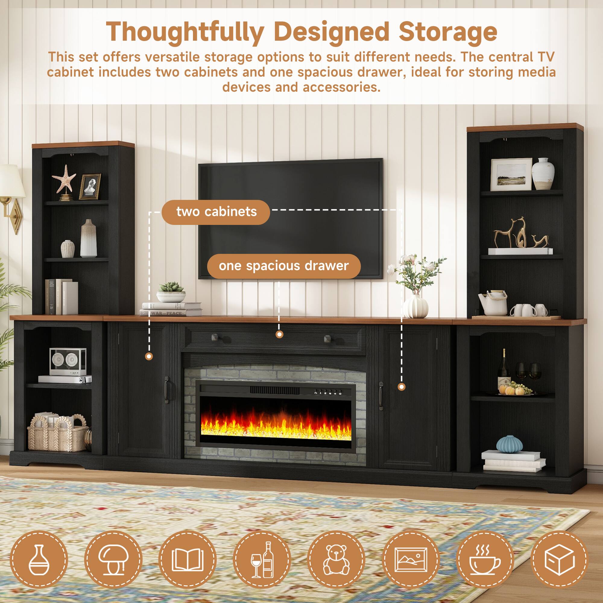 Thoughtfully Designed Storage

This set offers versatile storage options to suit different needs. The central TV cabinet includes two cabinets and one spacious drawer, ideal for storing media devices and accessories.

two cabinets
one spacious drawer