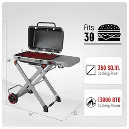 FEASTO - Outdoor Grill with Foldable Cart, Large Wheels, 360 Sq. In. Cooking Area, BBQ - Black