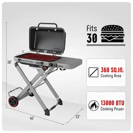 Fits 30
16" 24" 38" ROAMER SERIES
FEASTO 360 SQ.IN. Cooking Area
45" 23" 13000 BTU Cooking Power