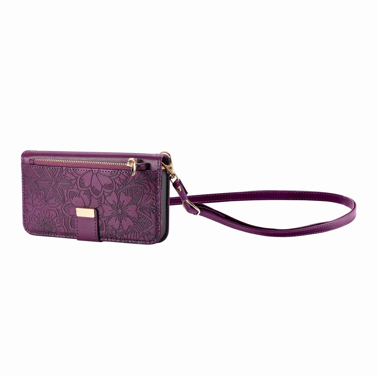 Alt View 4. Dteck - Floral Embossed Leather Zipper Cash Slot Wallet Case for Apple iPhone 16 with Detachable Strap - Purple.