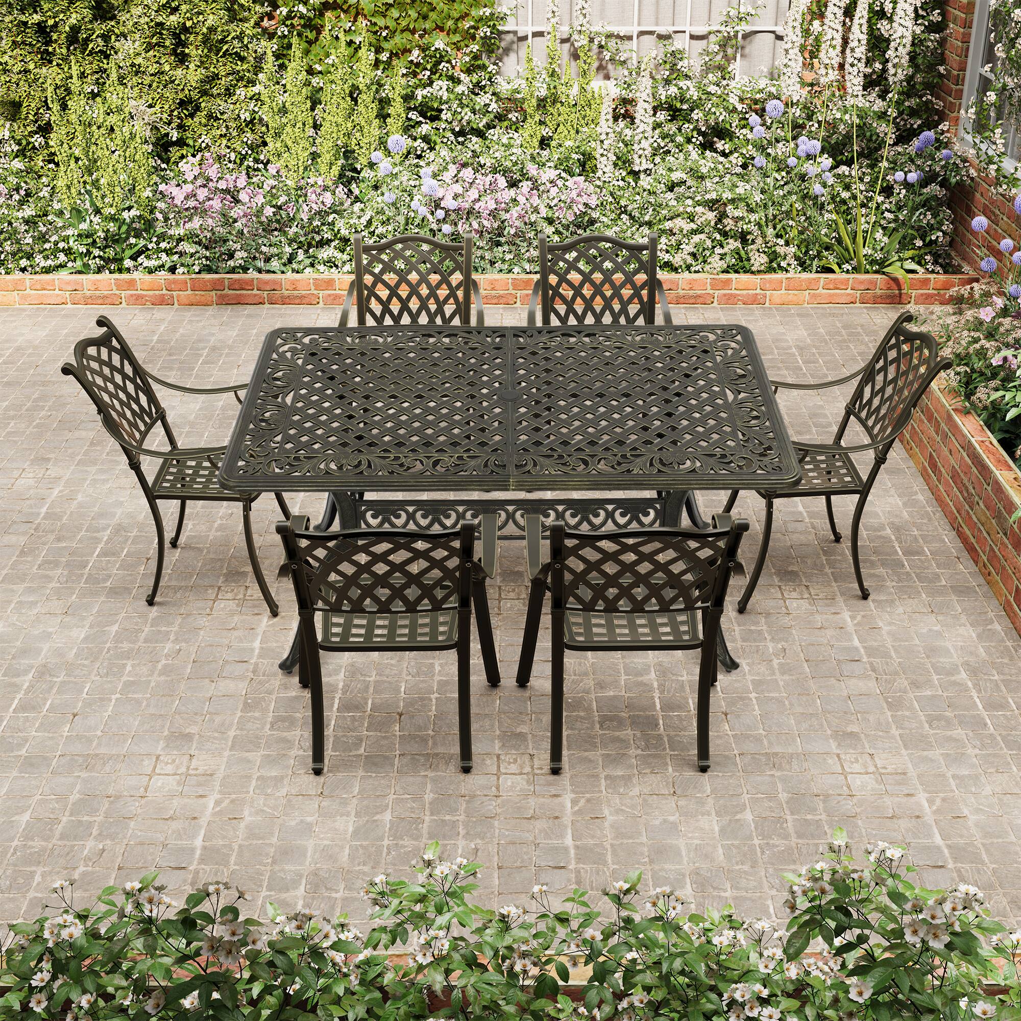 Left. Mondawe - 7-Piece Cast Aluminum Dining Set with Rectangle Table and 6 Checkered Weave Chairs - Bronze.