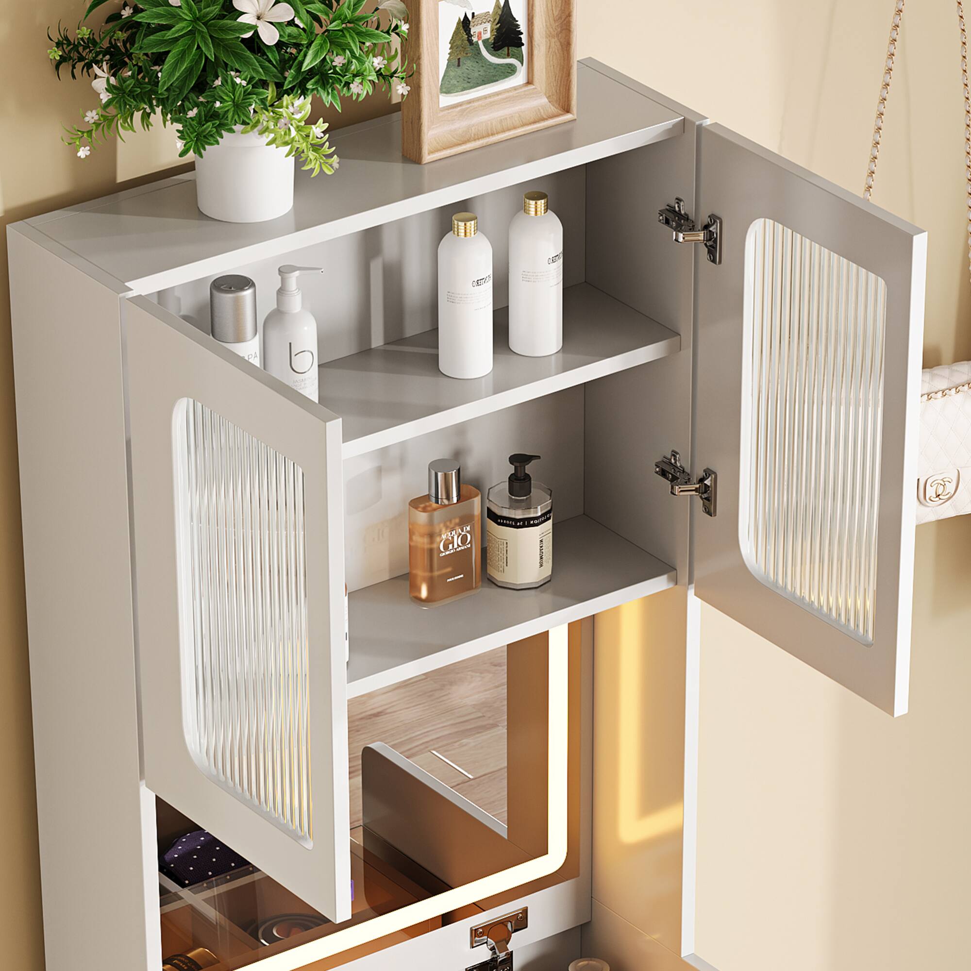 Angle. GOODSILO - Versatile 3-in-1 Vanity Table with LED Mirror and Storage Stool Makeup Dressing Organizer Furniture - White.