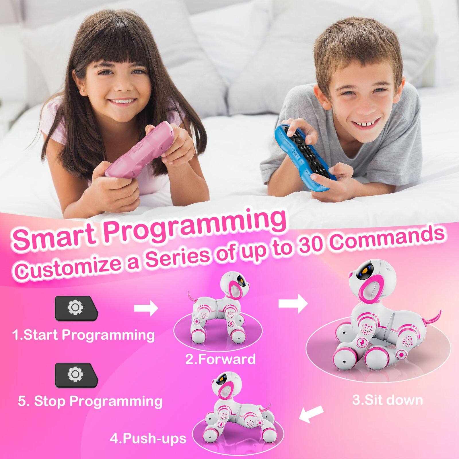Smart Programming of up to 30 Commands Customize a Series

1. Start Programming
2. Forward
3. Sit down
4. Push-ups
5. Stop Programming