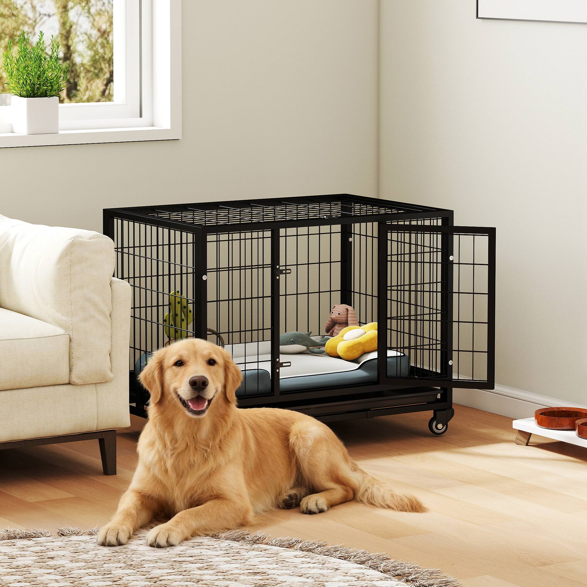 Alt View 1. Pawhut - Heavy Duty Dog Crate with Removable Tray, Lockable Wheels and Double Door.