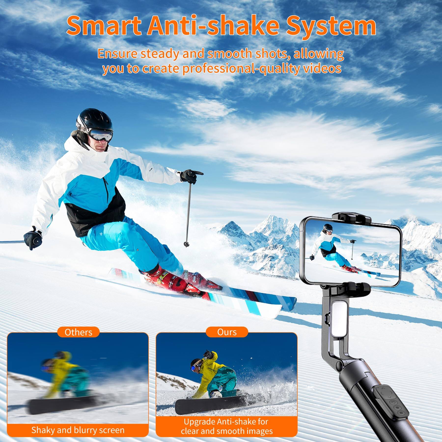 Smart Anti-shake System  
Ensure steady and smooth shots, allowing you to create professional-quality videos  

Others  
Shaky and blurry screen  

Ours  
Upgrade Anti-shake for clear and smooth images