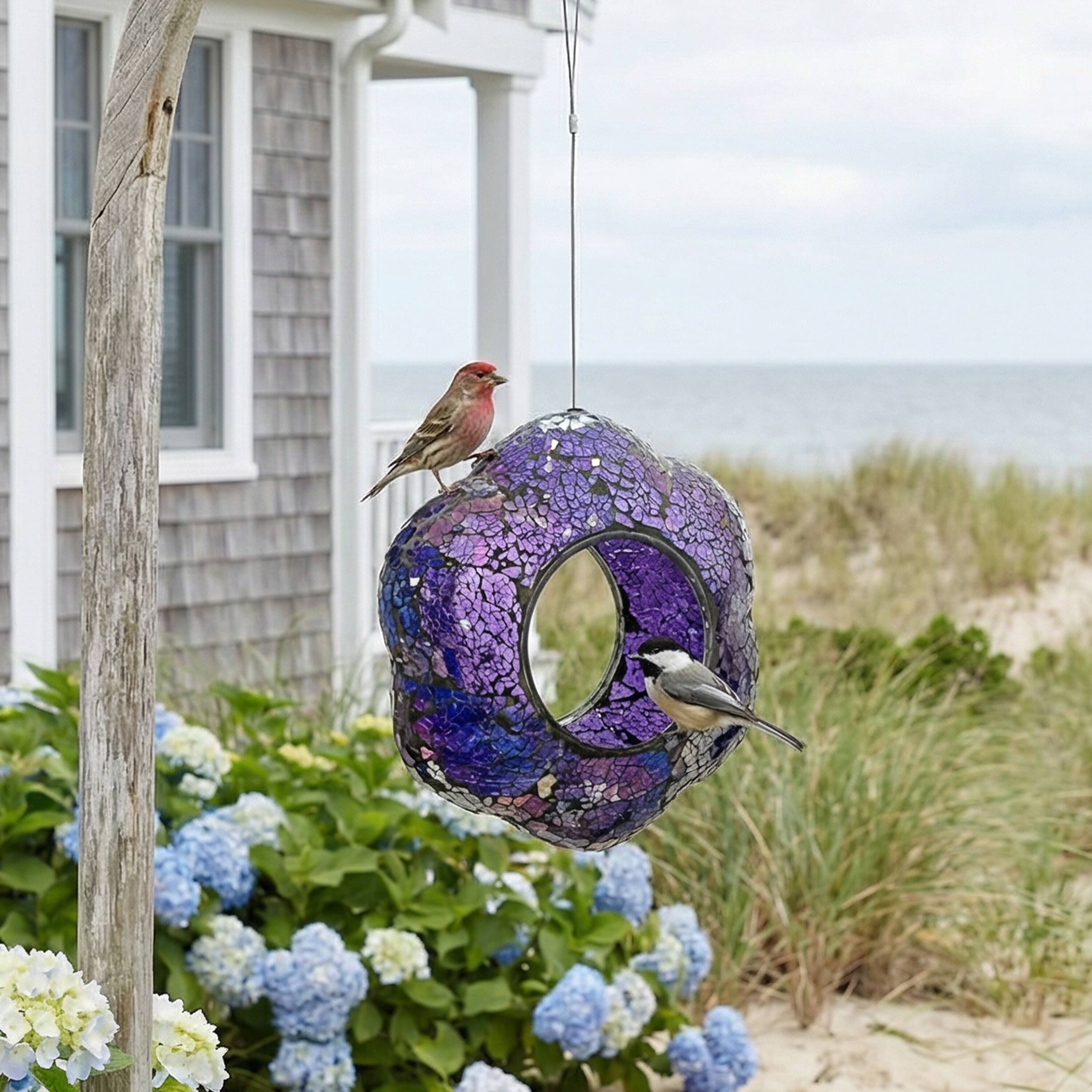 Alt View 9. Sunnydaze - Glass Fly-Through Hanging Bird Feeder - 10 in - Iridescent Purple Flower.