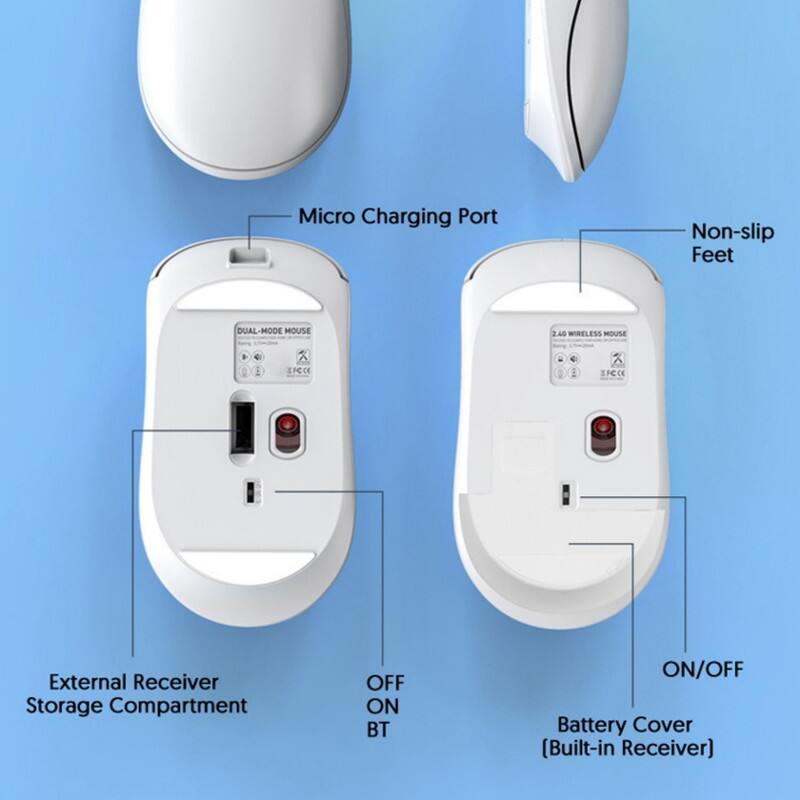 Micro Charging Port  
Non-slip Feet  
DUAL-MODE MOUSE  
2.40 WIRELESS MOUSE  
External Receiver Storage Compartment  
OFF ON BT  
ON/OFF  
Battery Cover (Built-in Receiver)